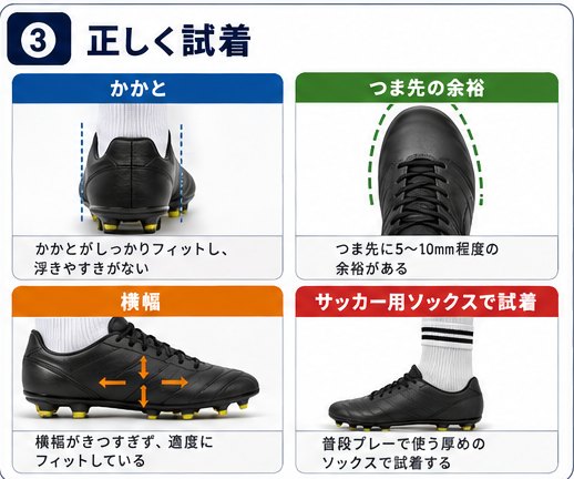 かかとのフィット、つま先の余裕、横幅、サッカー用ソックスでの試着を示した4枚の図