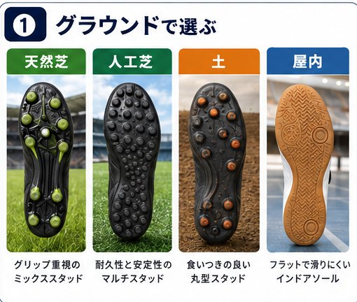 天然芝・人工芝・土・屋内それぞれに合う靴底(スタッド)を並べた図