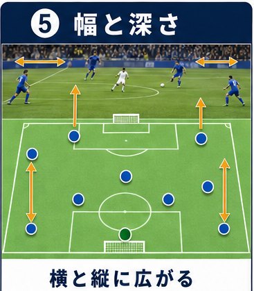 横に広がる幅と、前後に広がる深さを矢印で示した図