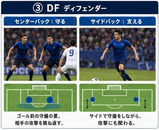 センターバックの守備とサイドバックの攻撃参加の写真と俯瞰図