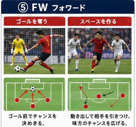 ゴールを奪うFWとスペースを作るFWの写真と俯瞰図