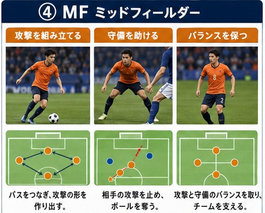 攻撃を組み立てる、守備を助ける、バランスを保つMFの3場面