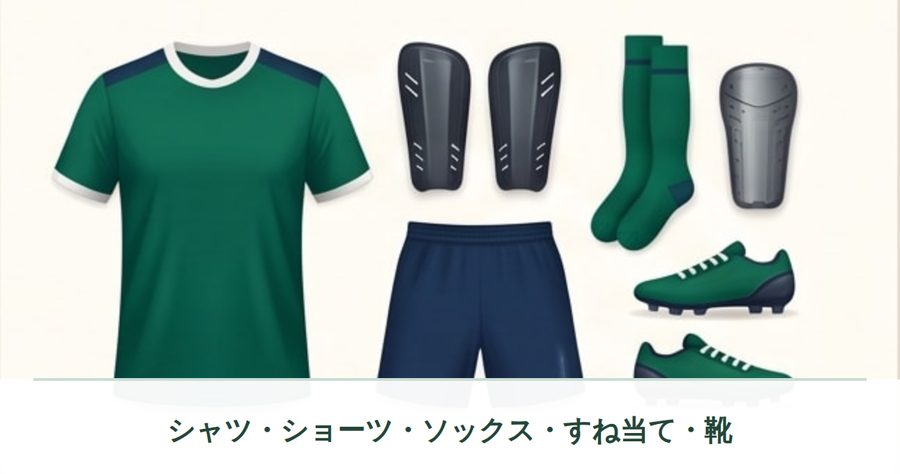 シャツ、ショーツ、ソックス、すね当て、シューズのイラスト