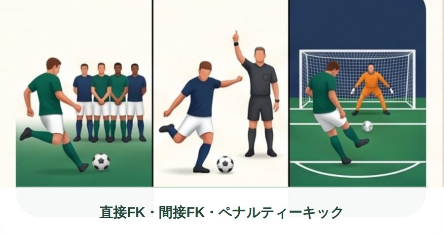 壁を作る守備側とフリーキックのキッカー、片手を上げる主審、PKのイラスト