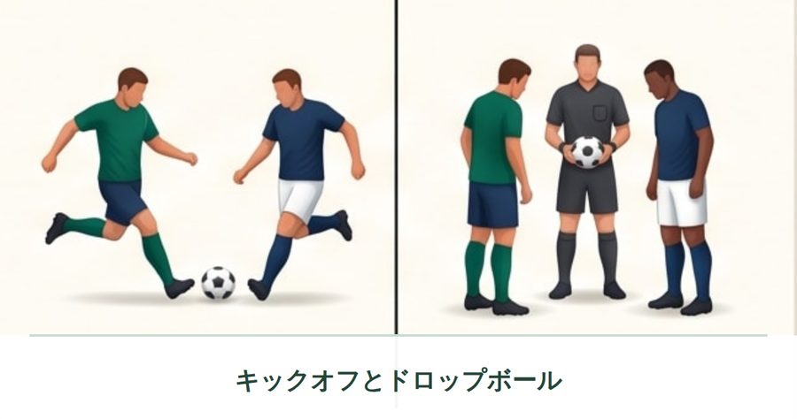 キックオフを行う選手と、ドロップボールのためにボールを持つ主審のイラスト