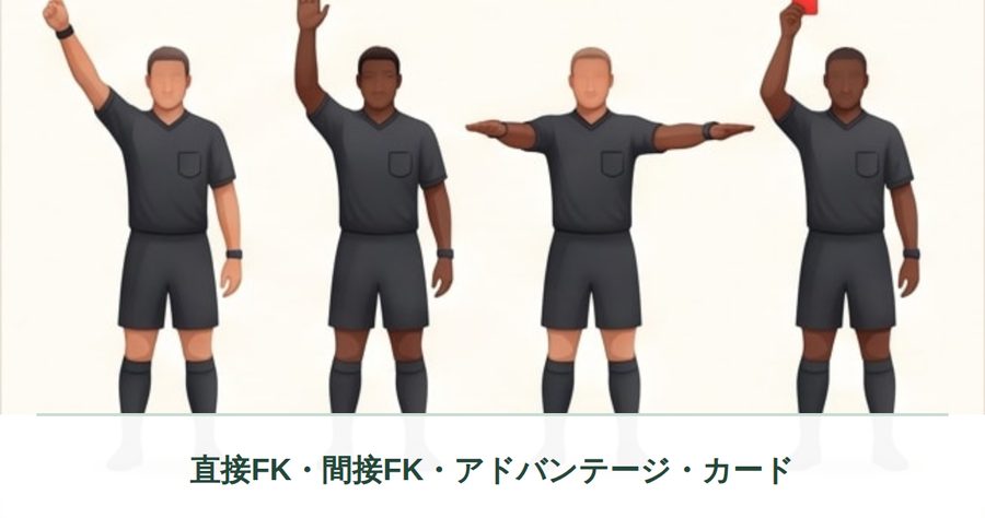 片手を上げる主審、両腕を前に伸ばす主審、レッドカードを示す主審のイラスト