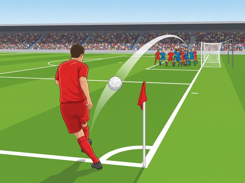 コーナーフラッグの横のコーナーアークからゴール前へボールを蹴り込む選手のイラスト。ゴールラインの先にゴールと待ち構える選手たち