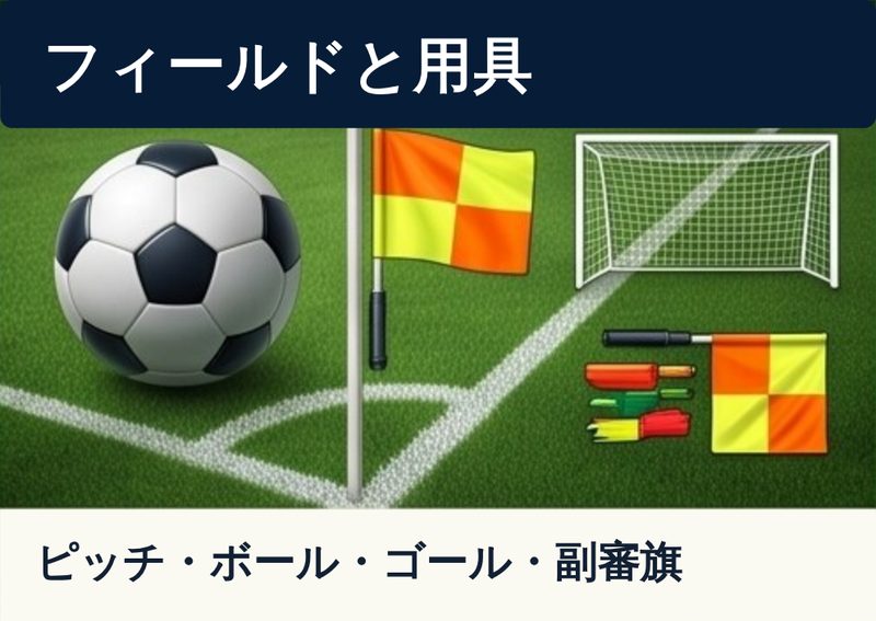 ボール、副審の旗、ゴールとコーナーフラッグのイラスト