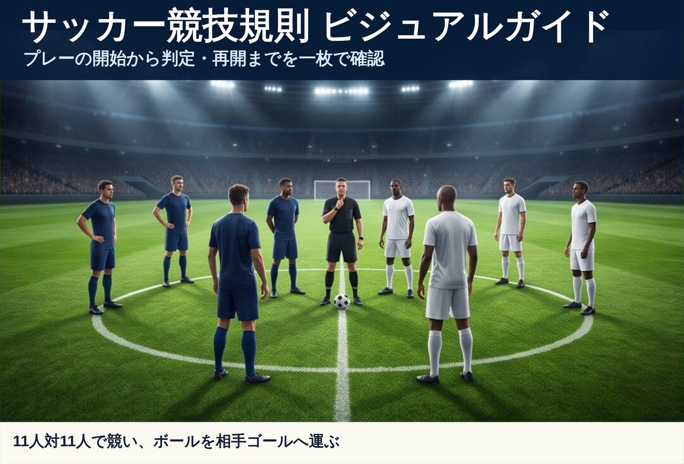 キックオフ前にセンターサークル付近に集まる両チームの選手と主審のイラスト