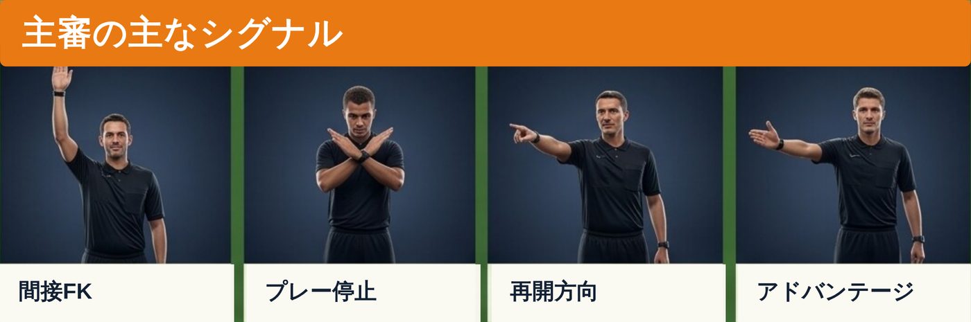 間接フリーキック、プレー停止、再開方向、アドバンテージを示す主審の4枚の写真風イラスト