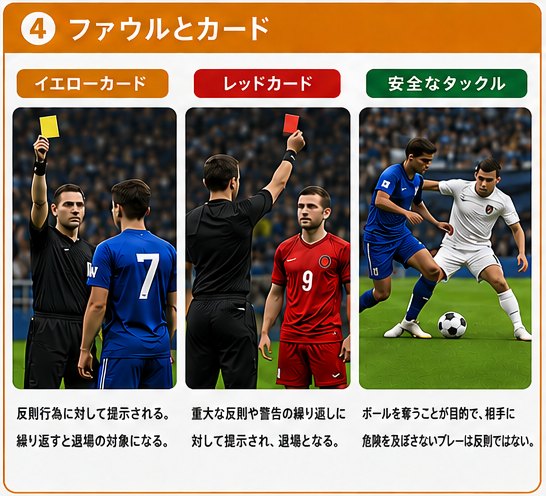 イエローカード、レッドカード、安全なタックルの3場面のイラスト